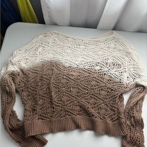 Elan Cream and Brown Crew Neck Sweater with Intricate Knit Pattern
